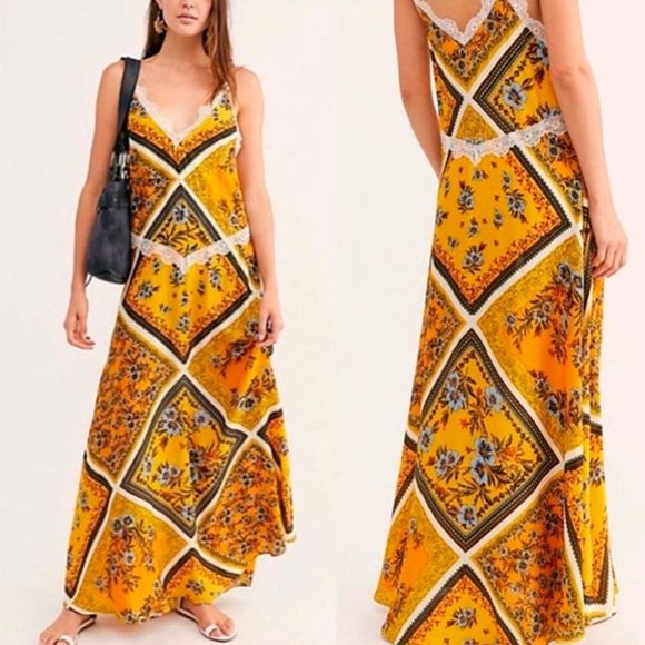 FREE PEOPLE Stevie Yellow Lace Trimmed Maxi Dress Sz XS - Picture 1 of 12